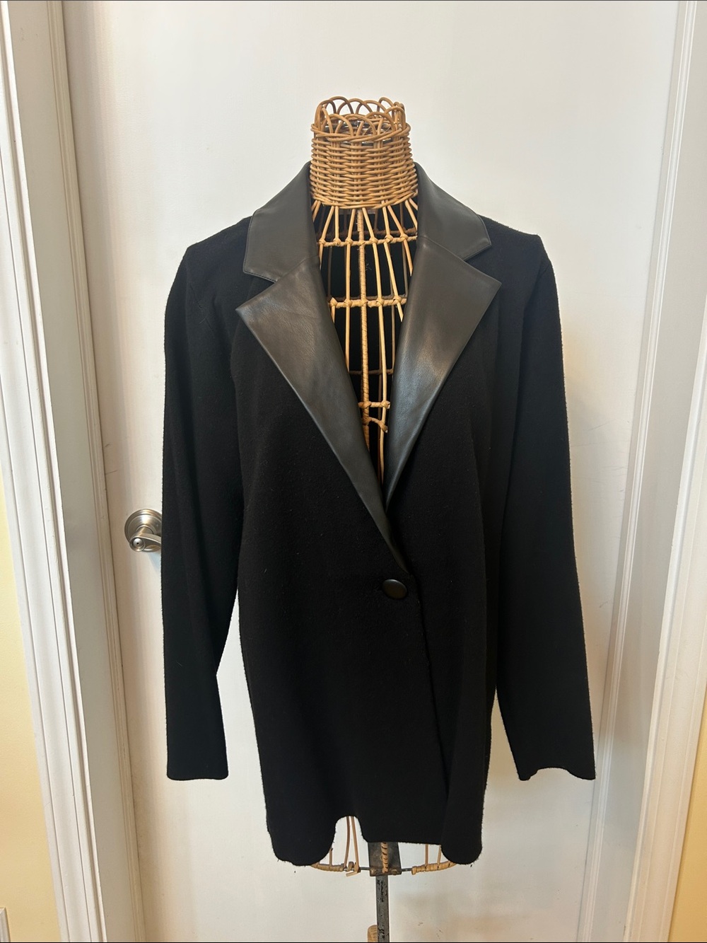 Sioni Black Blazer with Leather-Trim Lapels